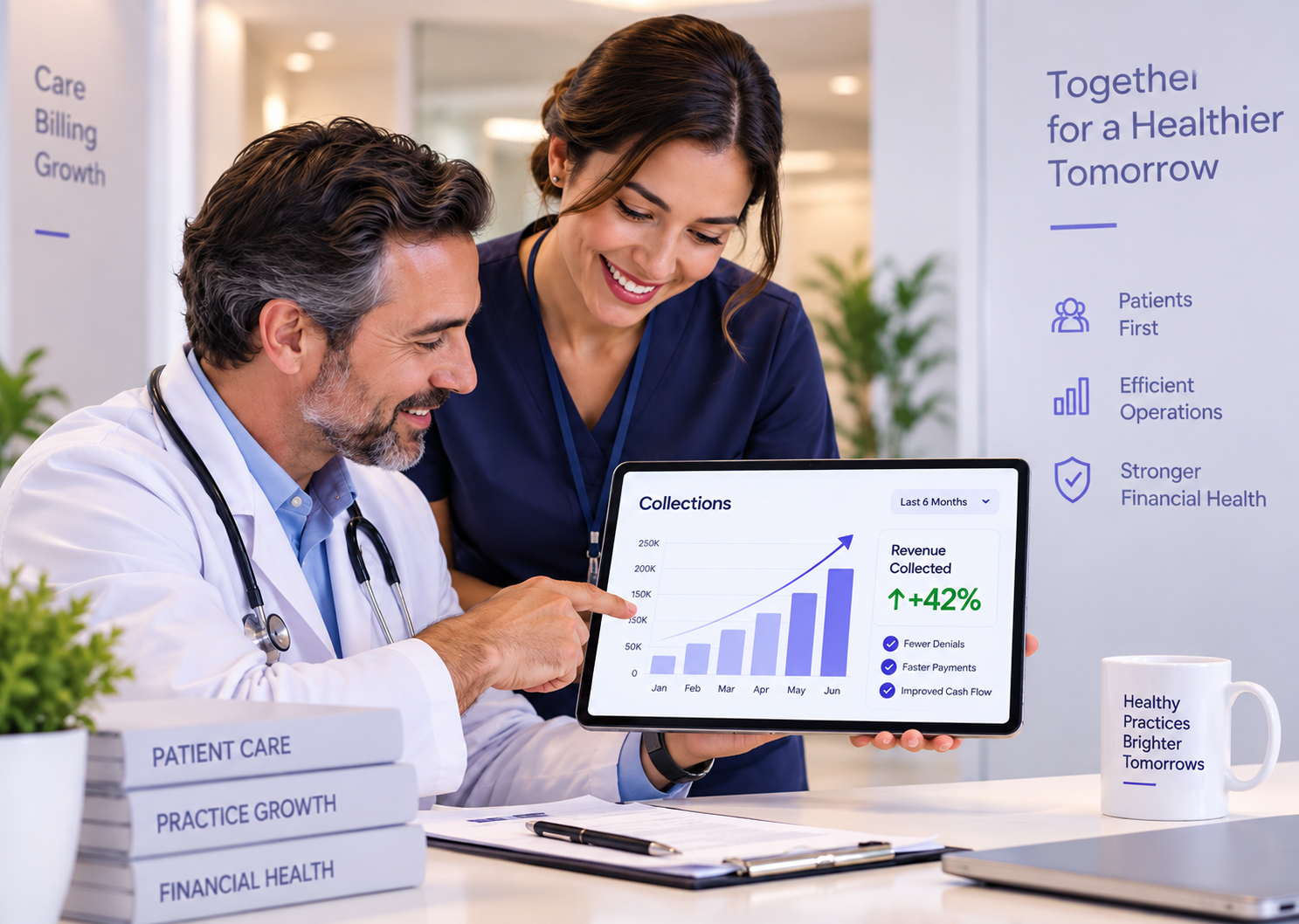 Physician and administrator reviewing a rising collections chart