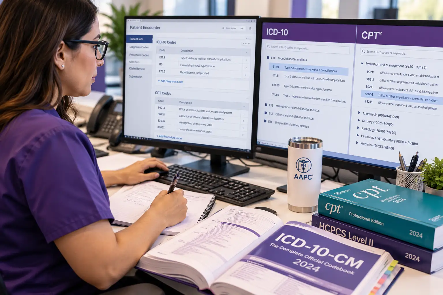 Certified medical coder reviewing ICD-10 and CPT codes