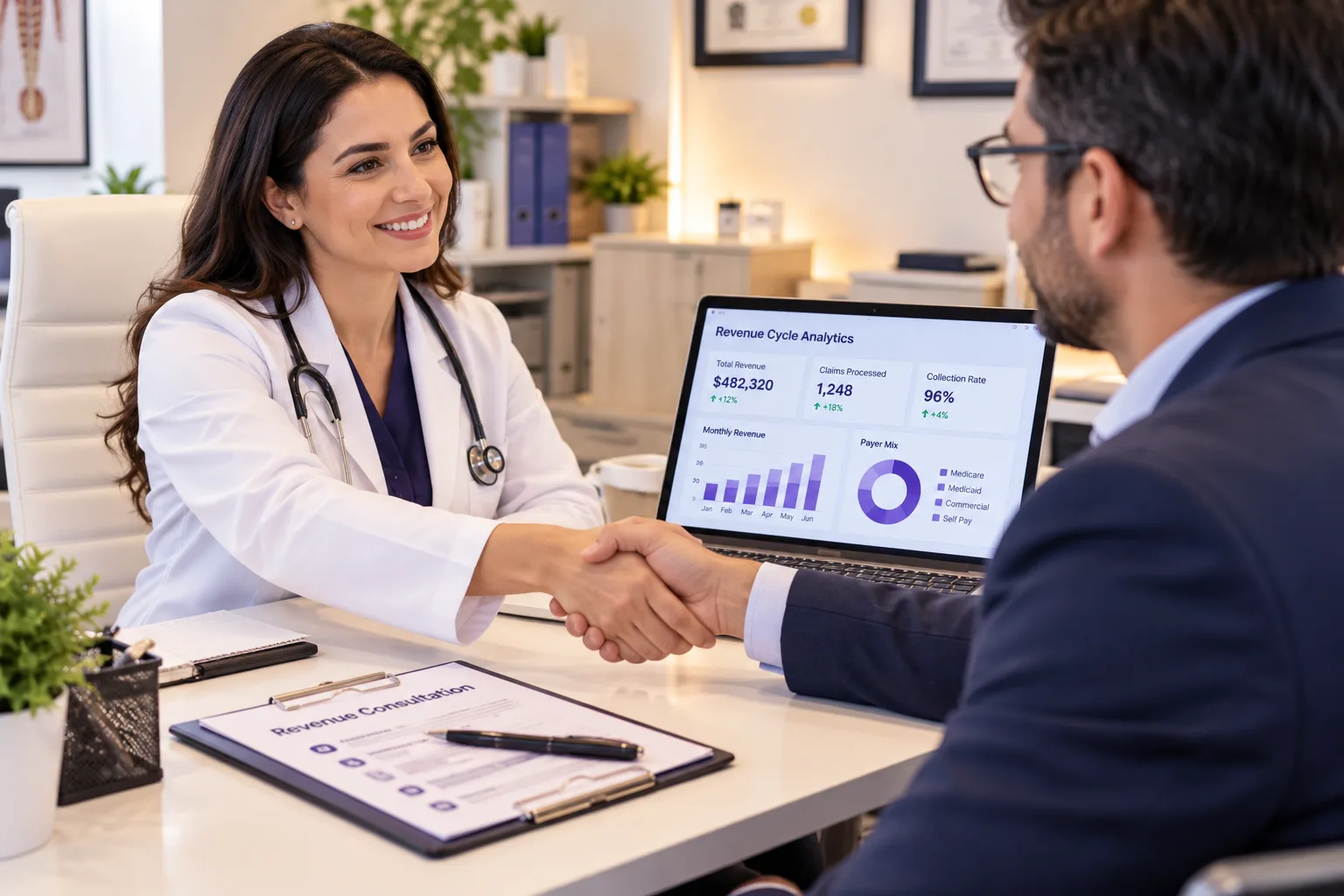 Doctor meeting a medical billing consultant for a revenue consultation