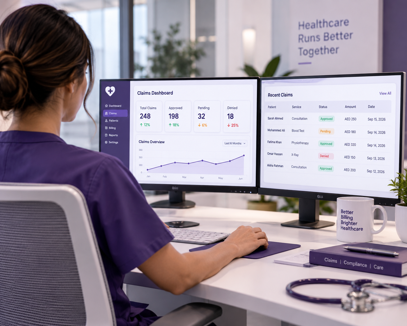 Billing specialist reviewing a claims dashboard