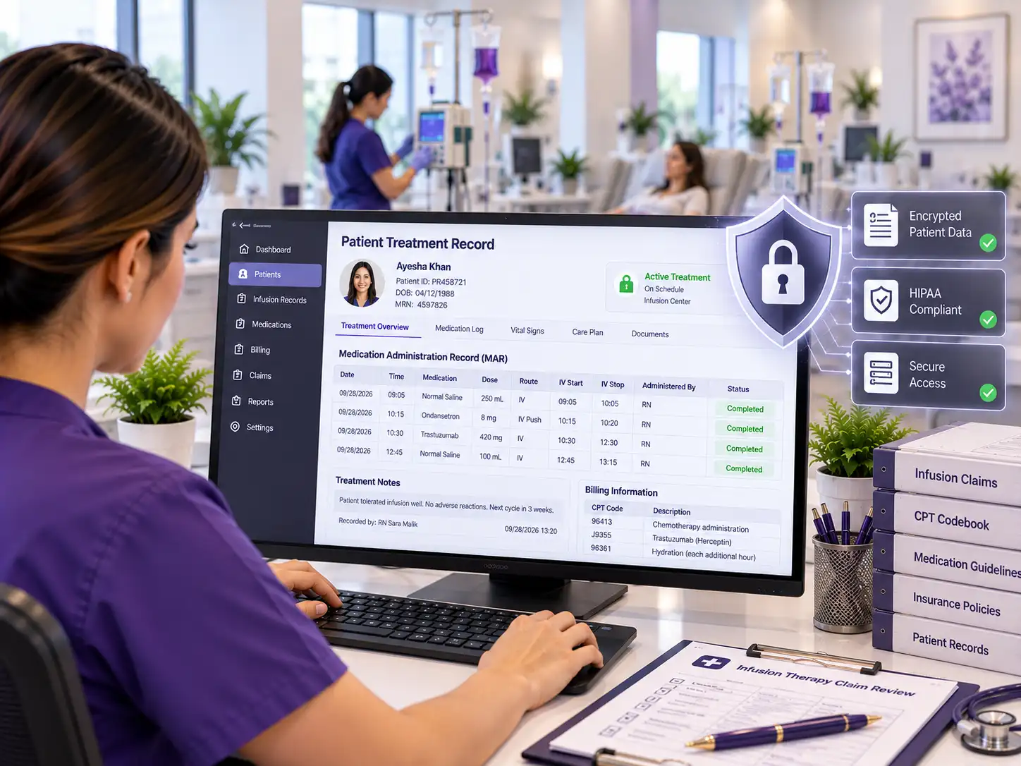 HIPAA-compliant infusion billing services with encrypted patient data