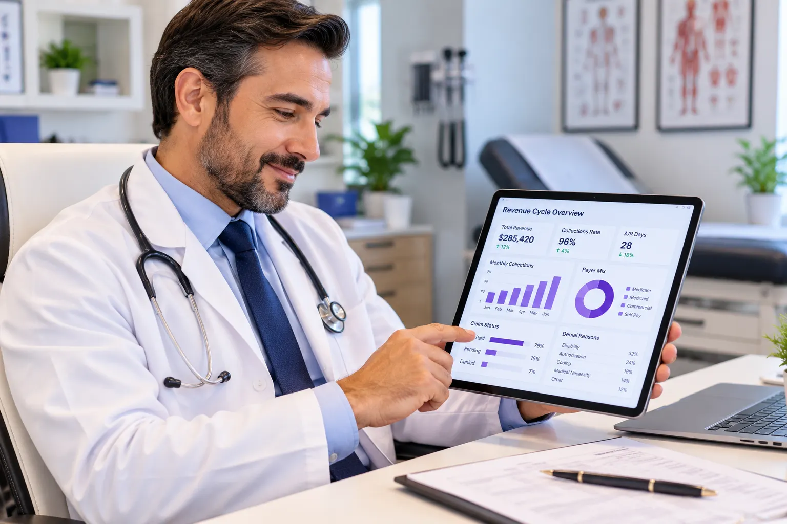 Practice owner reviewing revenue cycle performance report